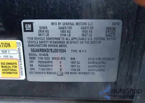 2014 Buick Enclave Leather из США, поврежденный, VIN 5GAKRBKD7EJ351694